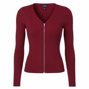 Express Ribbed Zip Front Sweater M Burgundy Stretch Long Sleeve Knit Top
